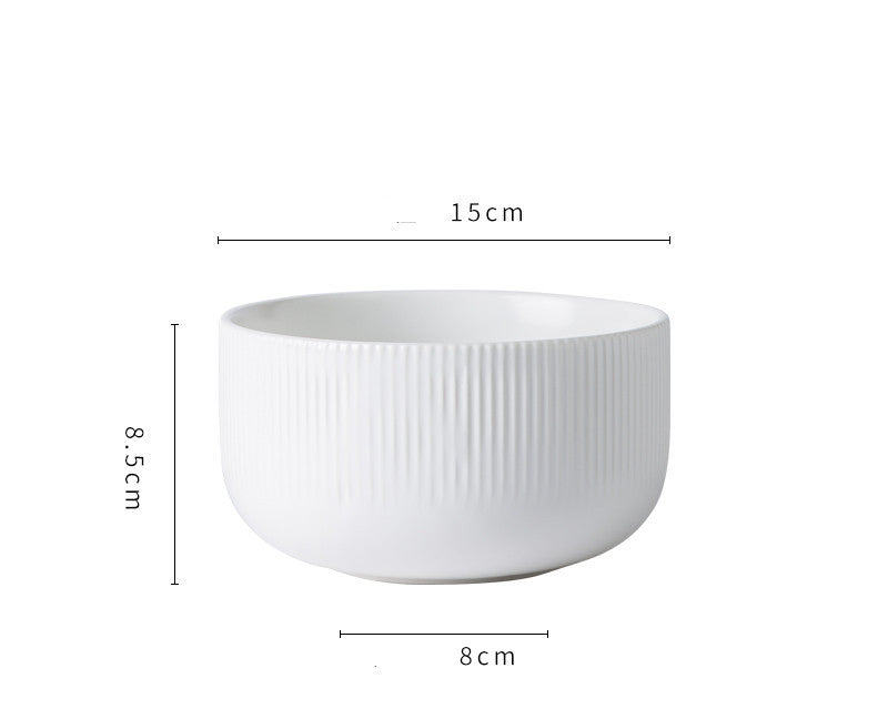 Hualian Yijia Plate Dish Set white 15cm round bowl with ribbed design and dimensions 8.5cm height.