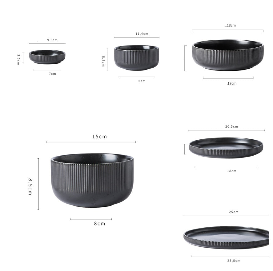 Hualian Yijia Plate Dish Set dimensions illustration featuring various black bowls and plates in multiple sizes.