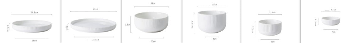 Hualian Yijia Plate Dish Set dimensions, featuring various sizes of bowls and plates in white.